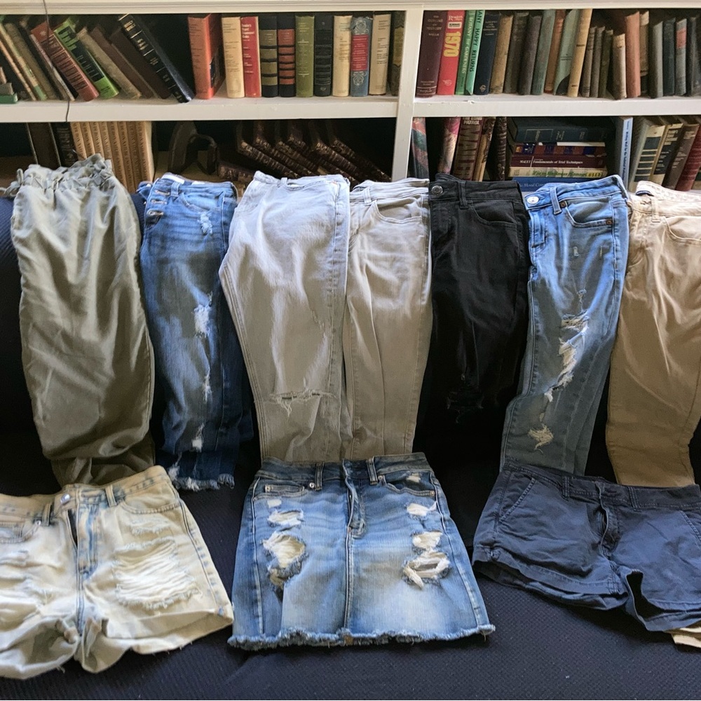 6 jeans, 1 green pant, 2 shorts and a skirt